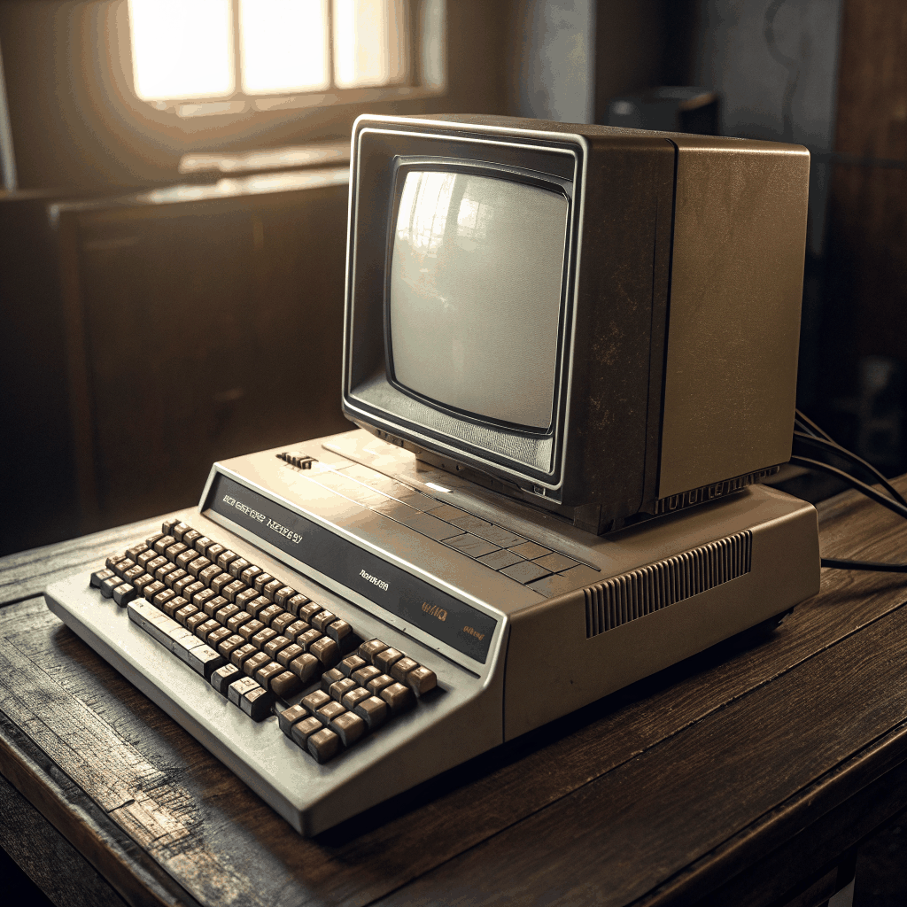 Vintage computing gear including mechanical keyboards, CRT monitors, and floppy disks on a dark desk